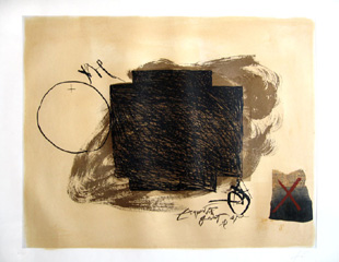 TAPIES : cercle croix et collage, etching